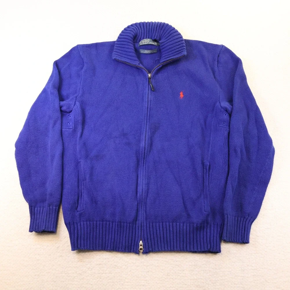 Polo Ralph Lauren Mens Medium Full Zip Sweater Blue Cotton Mock Neck Red Pony